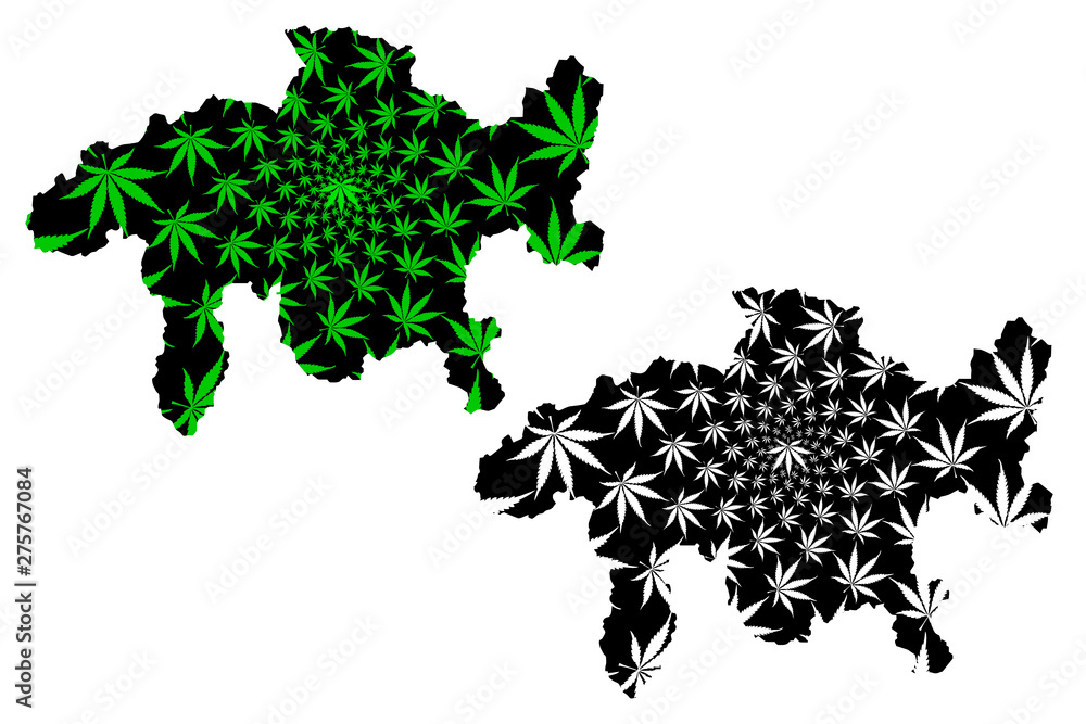 Naklejka premium Grisons (Cantons of Switzerland, Swiss cantons, Swiss Confederation) map is designed cannabis leaf green and black, Canton of Graubünden map made of marijuana (marihuana,THC) foliage....