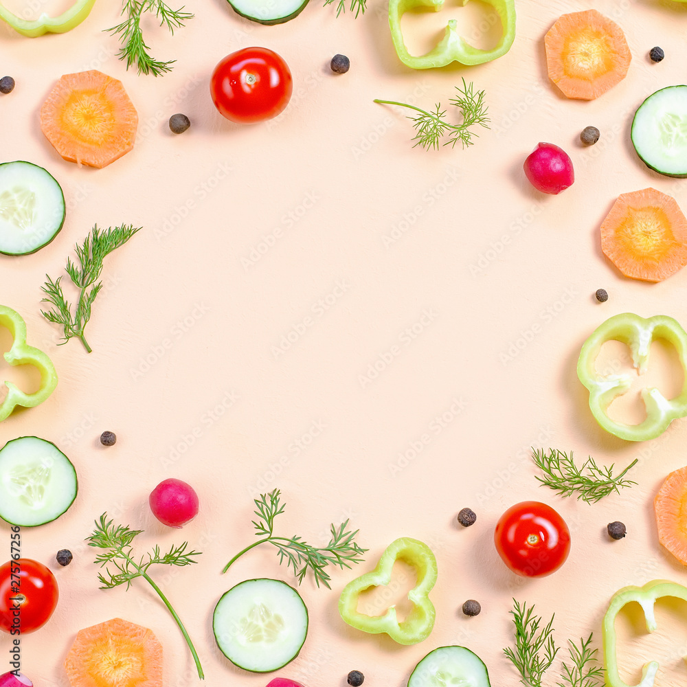 Salad ingredients layout. Food pattern with cherry tomatoes, carrot, cucumbers, radish, greens, pepper and spices Salad ingredients layout. Food pattern with cherry tomatoes, carrot, cucumbers, radish, greens, pepper and spices