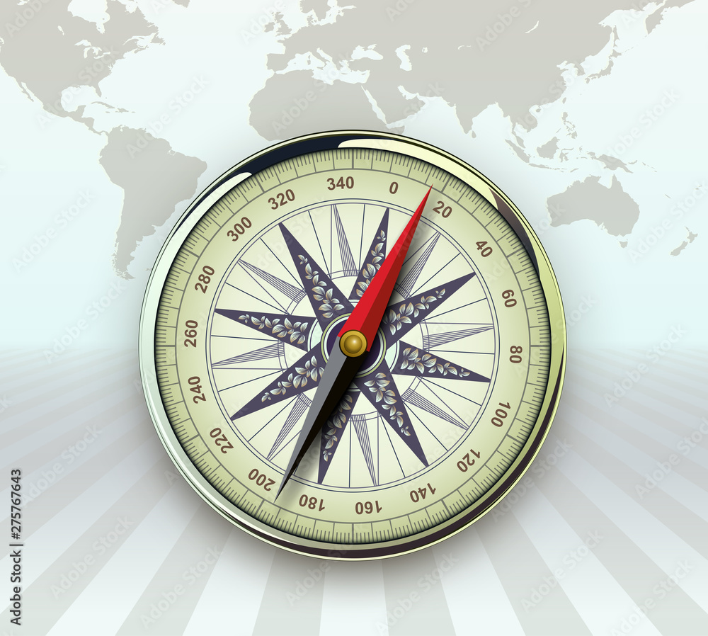 Travel background with compass and windrose, retro vector design.