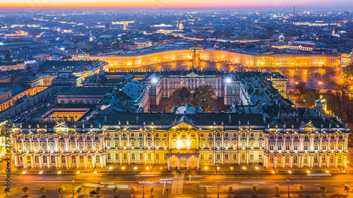 Palace square and Alexander Column and Winter palace at morning in St. Petersburg, Aerial view in St. Petersburg, Russia.