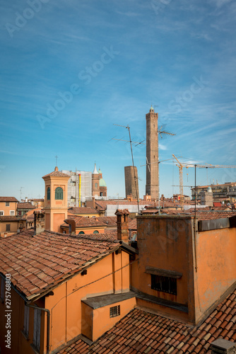 aerial view of medieval tower Asinelli and garisenda in Bologna Italy emilia romagna