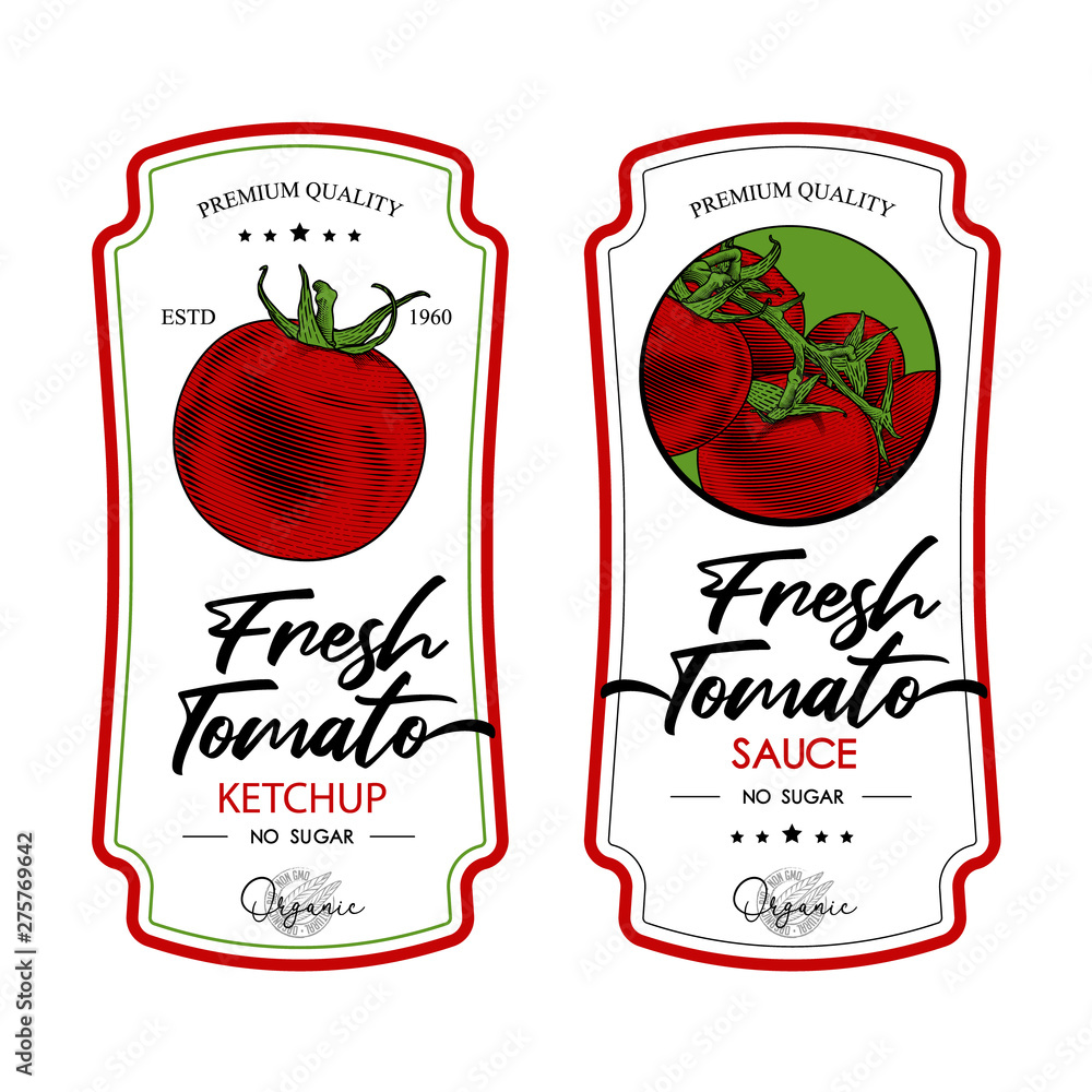 Tomato ketchup, sauce badge label design set. Vector hand drawn  illustration of tomatoes in engraving technique. Vintage templates for tomato  sauce packaging. Stock Vector | Adobe Stock