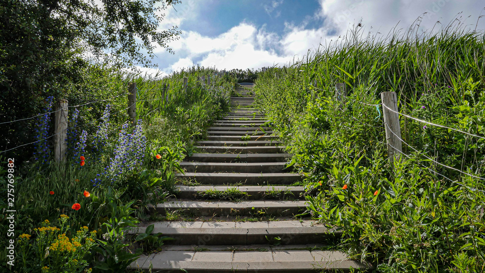 Stair way through european countryside hill