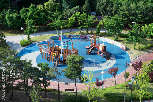Aerial view of children's slides at park outdoor.