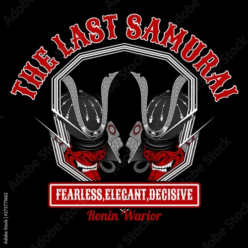 Samurai warrior mask. Traditional armor of japanese warrior. Vector illustration, shirt graphic. All elements; mask, helmet, colors are on the separate layers and editable.