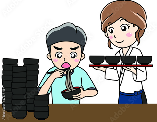 わんこそばに挑戦する男性と女性スタッフ