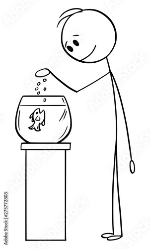 Vector cartoon stick figure drawing conceptual illustration of man feeding fish in spherical fishbowl or aquarium or tank.