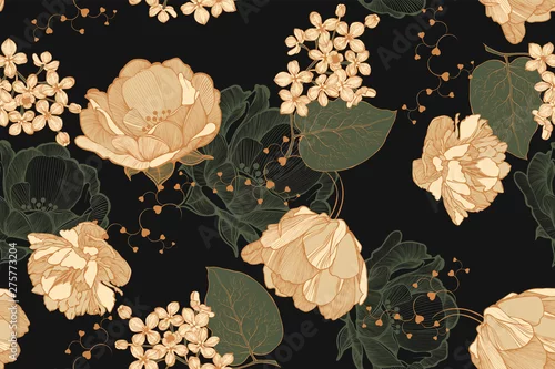 Obraz Kwiatowy wzór vintage z róż, tulipanów i bzu. Rysunek, ilustracji wektorowych.