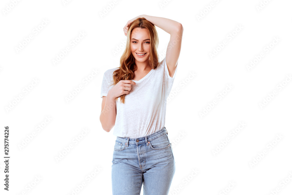 Headshot Portrait of happy ginger girl with freckles smiling looking at camera. White background. Headshot Portrait of happy ginger girl with freckles smiling looking at camera. White background.