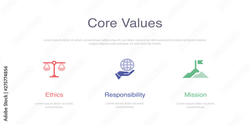 CORE VALUES INFOGRAPHIC DESIGN TEMPLATE WİTH ICONS AND 3 OPTIONS OR STEPS FOR PROCESS DIAGRAM