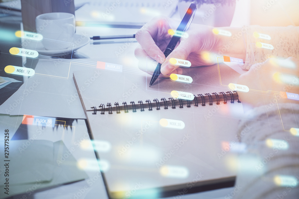 Double exposure of writing hand on background with data solution technology hologram. Ai concept. Double exposure of writing hand on background with data solution technology hologram. Ai concept.