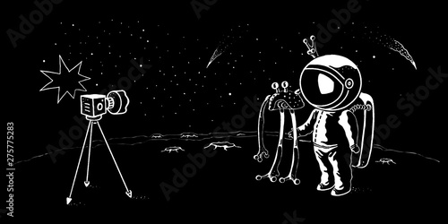 Astronaut and ufo doodle style vector illustration. Pioneer spaceman meets cosmic creature