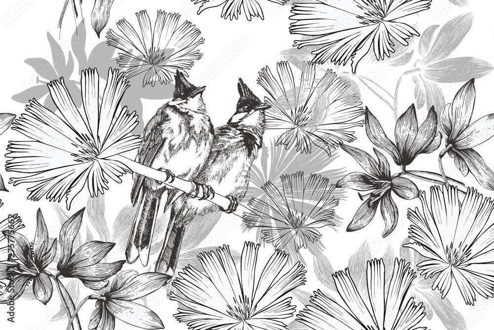 custom made wallpaper toronto digitalSeamless vintage background with two birds and flowers. wallpaper. Hand-drawn, vector illustration.