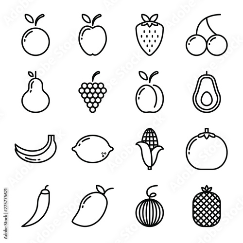 Fruit icon set with outline style isolated on white background