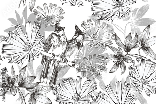 Wallpaper Mural Seamless vintage background with two birds and flowers. wallpaper. Hand-drawn, vector illustration. Torontodigital.ca
