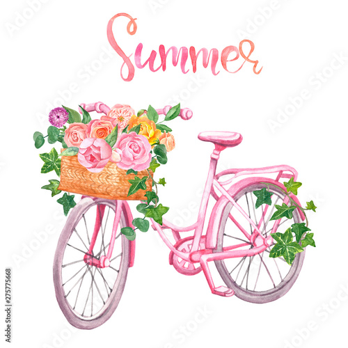 Watercolor floral bicycle, isolated. Romantic pink bike, basket and flowers o...