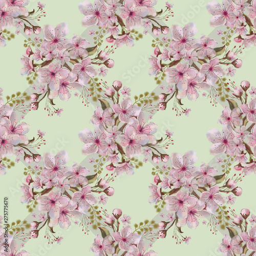 Pink Flower Vignette Seamless Pattern. Sakura on Diagonal Continuous Design for Romantic Background, Wedding Wrapping Paper, Textile, etc.