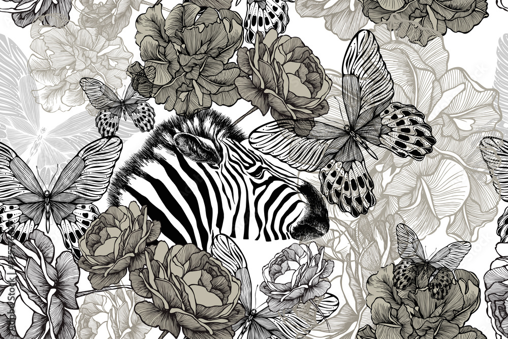 custom made wallpaper toronto digitalZebra with flowers and butterflies. Seamless floral wallpaper. Hand drawing, vector illustration.