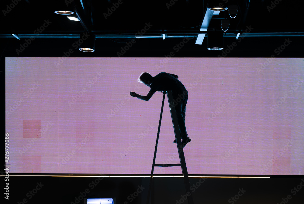 digital billboard screen while maintenance by technician, Blank Digital