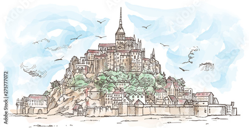 Le Mont Saint Michel ,France. Hand drawn sketch watercolor. illustration in vector