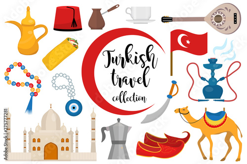 Turkey travel flat icon set, cartoon style. Turkish Collection of design elements with camel, Buzuk, mosque, hookah, shawarma, eye amulet. Vector illustration