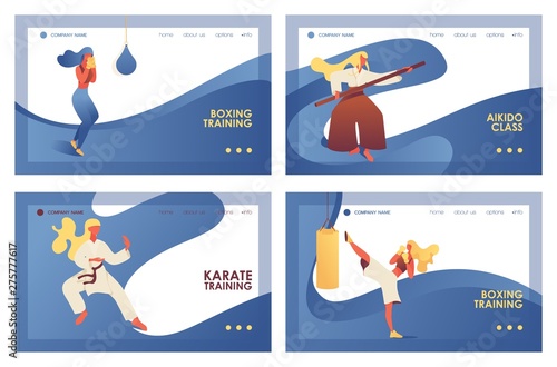 Vector concept banners with fight girls and young women doing martial arts training. Boxing, kickboxing, aikido and karate exercise on landing pages with blue waves