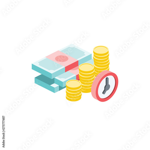 Money, coins and Time. Vector 3d isometric color icon new flat style. Creative illustration, idea for infographics.