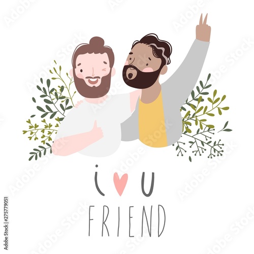 Two best friends hipster boys laughing and hug. Vector illustration about friendship isolated on white with floral background. Happy Friendship day card Vector.