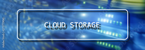 Cloud Computing Technology Internet Storage Network Concept on blurred supercomputer server room.
