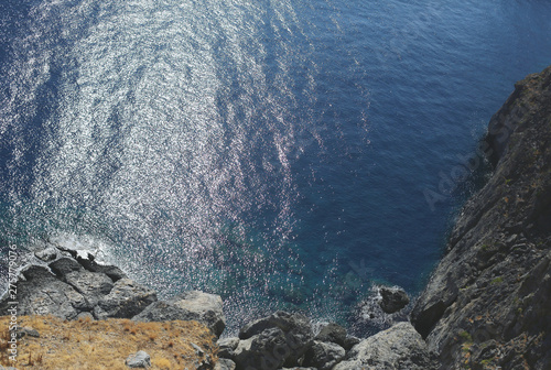 Amazing aerial/ top view on the sea near the rocks from the cliff. Mallorca, Spain. Travel in Europe. 