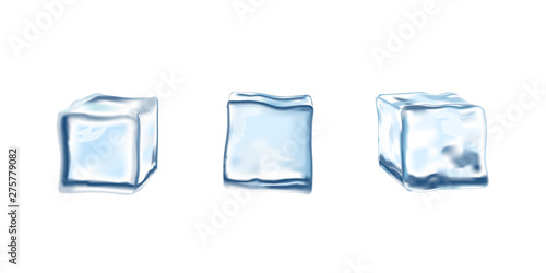 Three realistic blue ice cubes