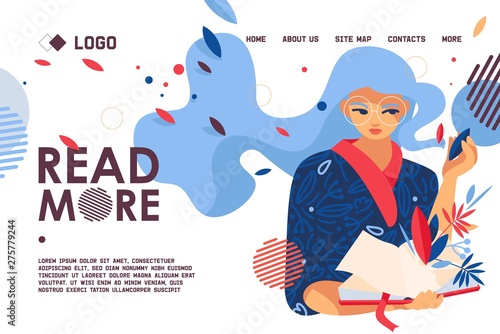 Educative banner with girl love to read. Modern concept landing page for library and book store web page. Vector scene with greenery decoration