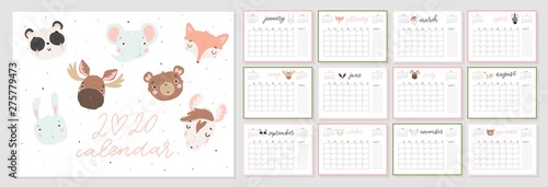 Calendar 2020. Creative calendar with hand drawn cute animals.  Good for kids. Redy to print. Vector illustrations