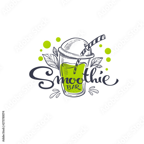 Smoothie Bar, vector sketching illustration and hand drawn lettering composition for your summer health drink menu