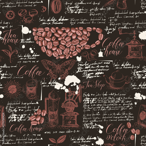 Vector seamless pattern on tea and coffee theme in retro style. Various coffee and tea sketches, blots and inscriptions on a background of old manuscript. Can be used as wallpaper or wrapping paper