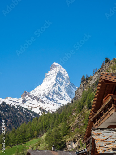 Zermat, Switzerland - May 31st 2019: Matterhorn mountain with Zermatt village in forground, Switzerland
