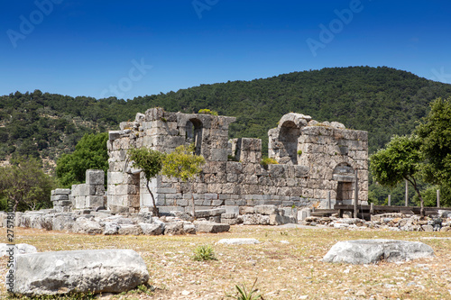 Ancient city of Kaunos, Dalyan valley, Turkey. Kaunos (Latin: Caunus) was a city of ancient Caria and in Anatolia, a few km west of the modern town of Dalyan, Muğla Province, Turkey.