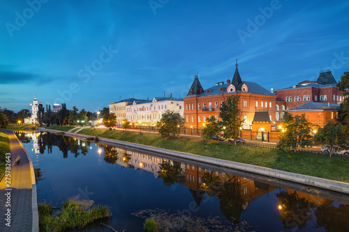 Oryol, Russia. View of Orlik river embankment at dusk with old historic buildings