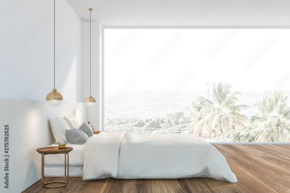 Panoramic white master bedroom interior - obrazy, fototapety, plakaty 