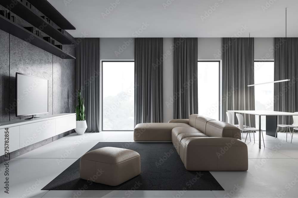 White living room interior with sofa and TV