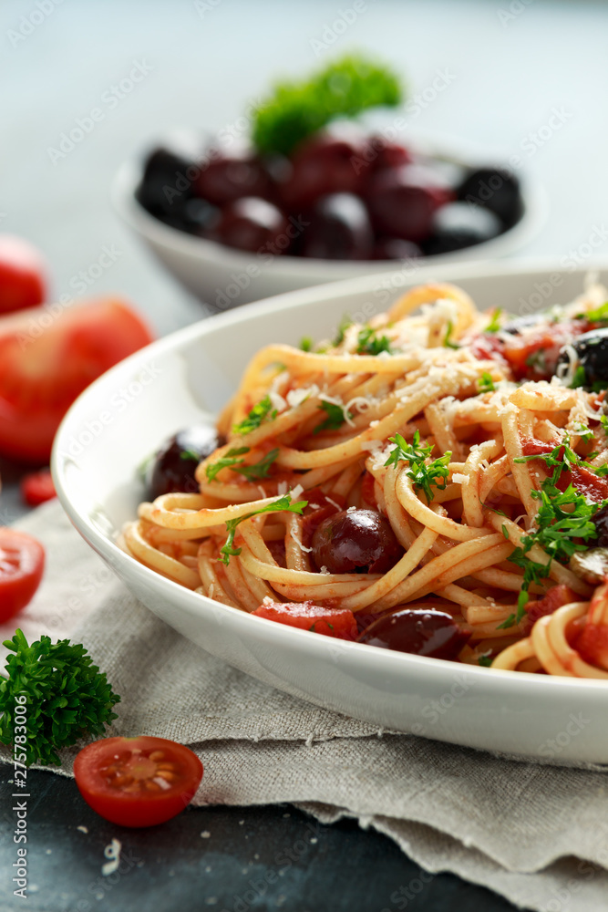 Pasta Alla Puttanesca with garlic, olives, capers, tomato and anchois fish Pasta Alla Puttanesca with garlic, olives, capers, tomato and anchois fish