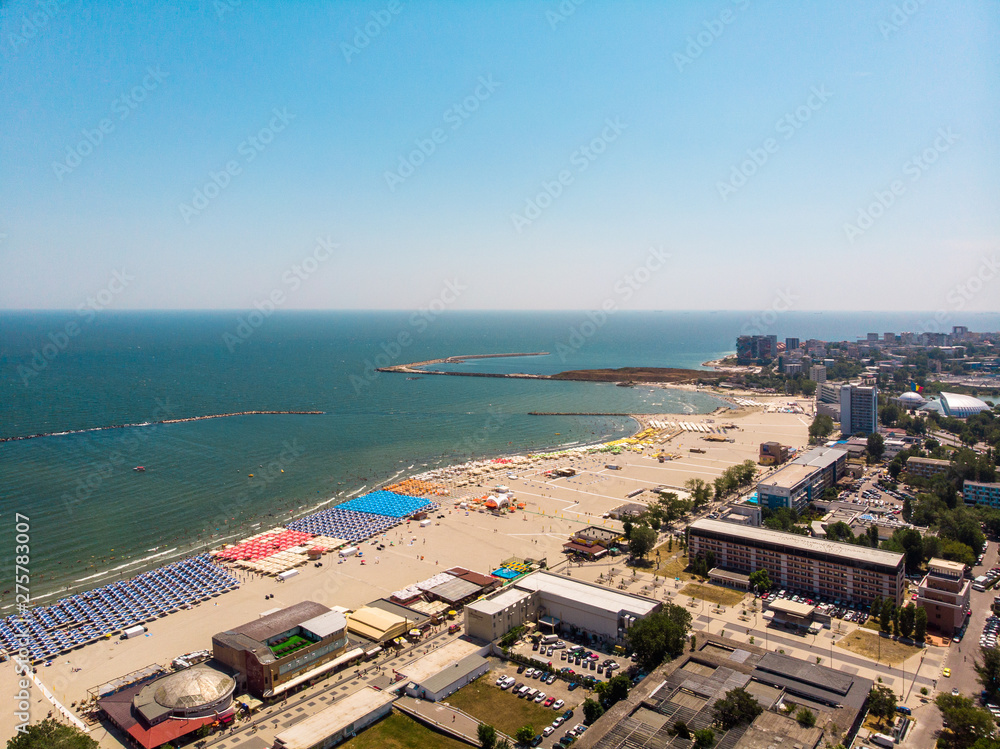 Aerial view of Mamaia in Constanta, popular tourist place and resort on black sea in a Romania. At one side of this place is located lake, and at other side is a Black Sea.