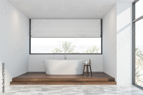 White loft bathroom interior with tub