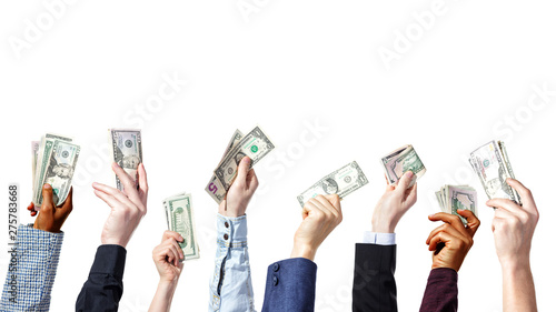 Business concept - you have to pay for everything. Human hands with dollars raised up, isolated on white background.