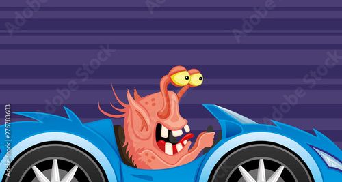 Bright horizontal illustration with a monster in a sport car on a purple background.