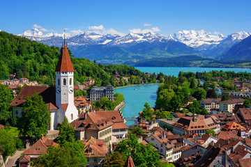 Foto auf Acrylglas Alpen Thun city and lake in swiss Alps, Switzerland  © Boris Stroujko