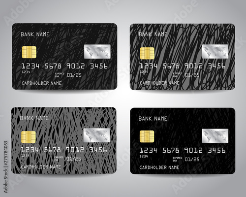 Credit cards vector set with black scratched abstract design background