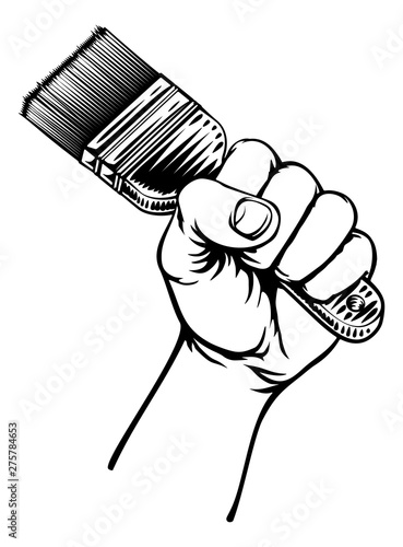 A fist hand holding a decorators paintbrush in a vintage intaglio woodcut engraved or retro propaganda style