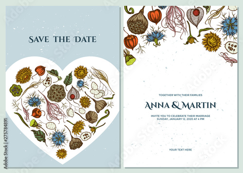 Wedding invitation card with colored black caraway, feather grass, helichrysum, lotus, lunaria, physalis