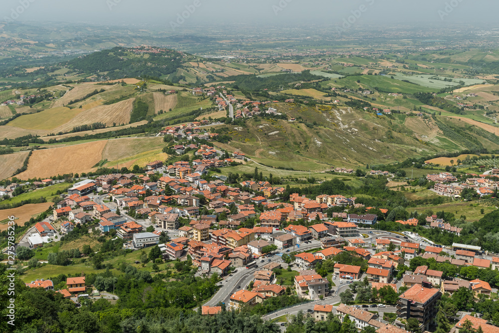 A Beautiful Panorama of San Marino with a Small Fortress Placed on a Hill in the Background